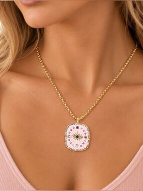 Gold Chain Necklace with Pink Evil Eye Pendant -  two sides